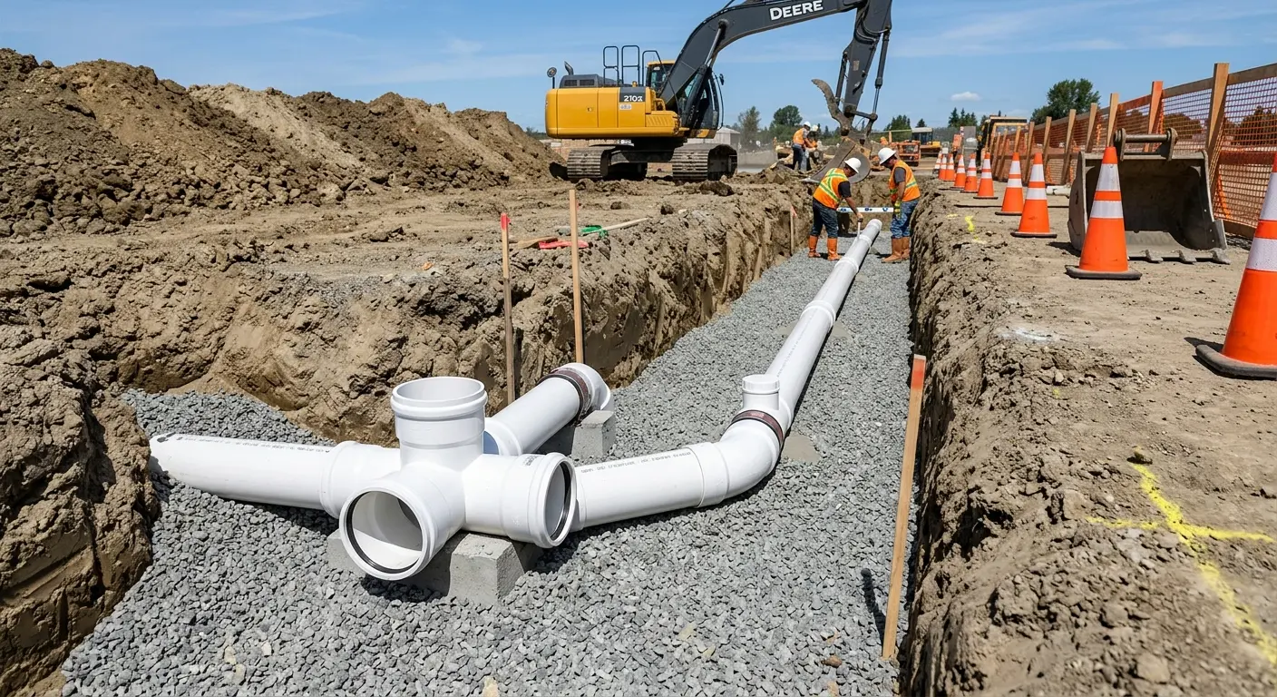 New PVC sewer pipe installation in open trench for Grease Trap Cleaning in Goodyear