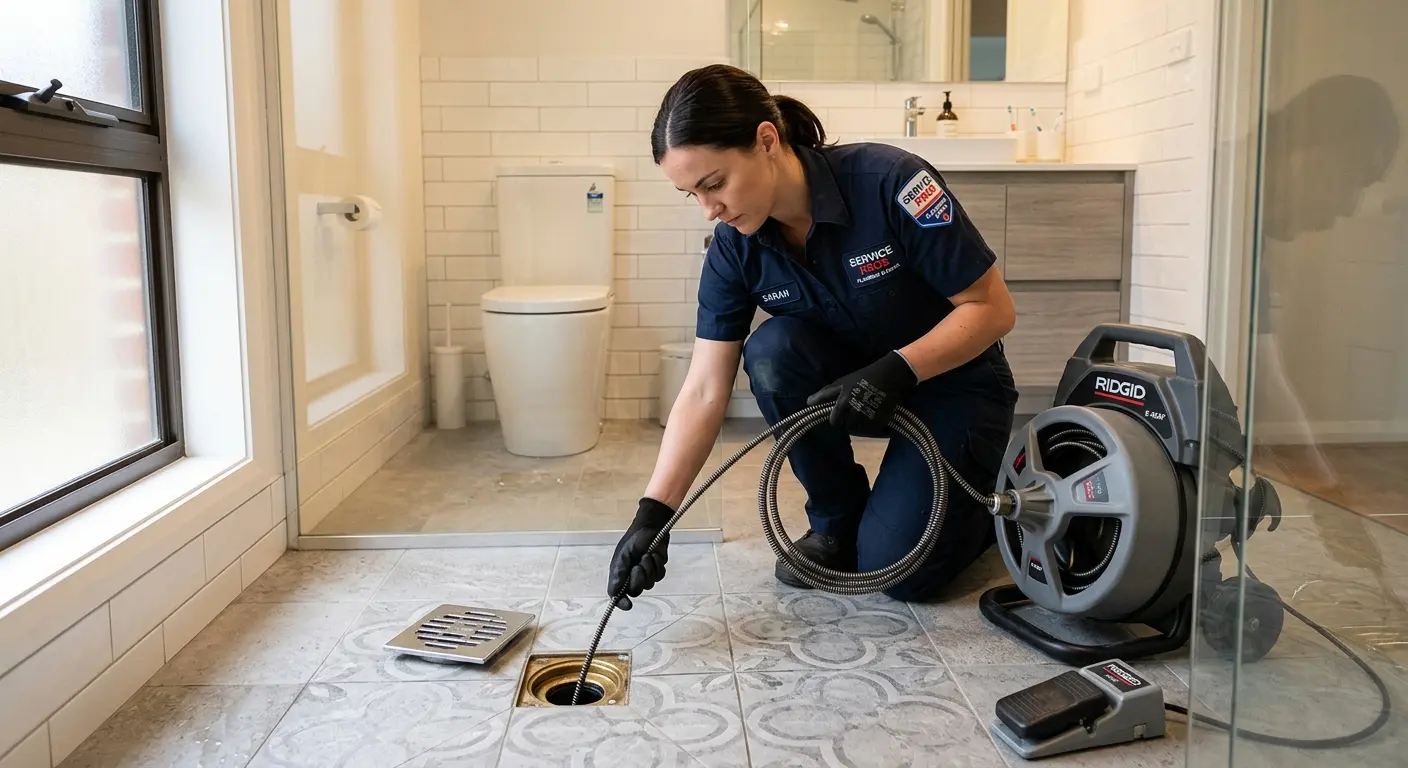 Technician clearing a bathroom floor drain for Clogged Drain Repair in Goodyear